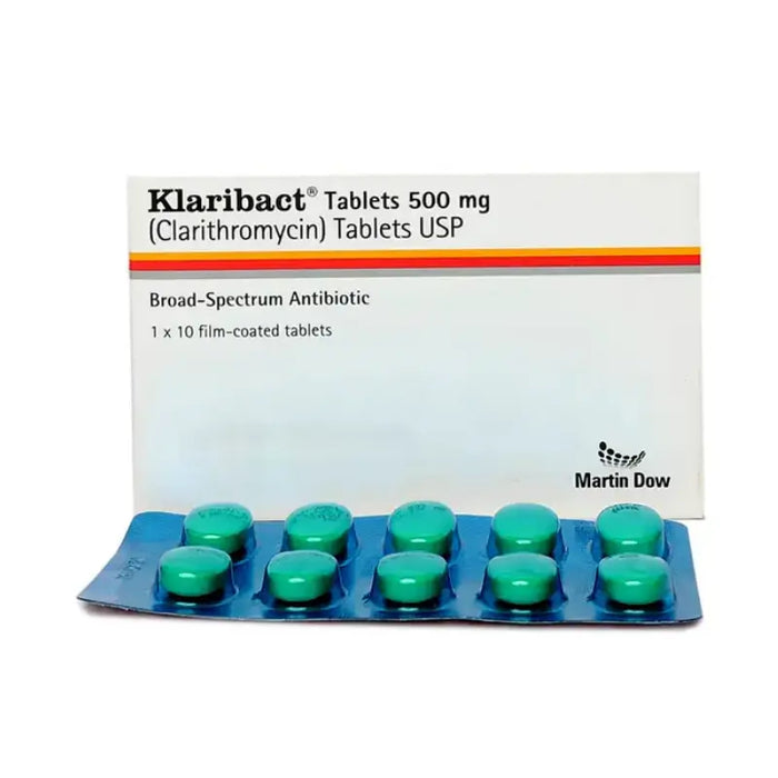Packaging of Klaribact Tablets 500 mg with green tablets on a white background