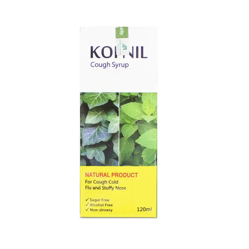 Kofnil Cough Syrup packaging with green leaf images on a white background