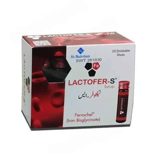 Lactofer-S syrup packaging with red bottles on a white background