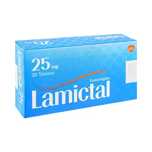 Box of Lamictal tablets with blue packaging on a white background
