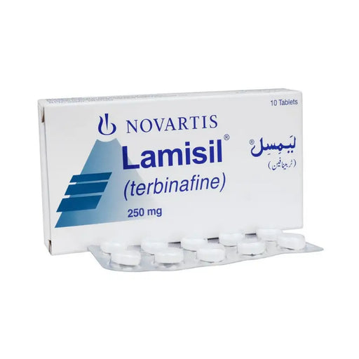 Packaging of Lamisil tablets by Novartis on a white background