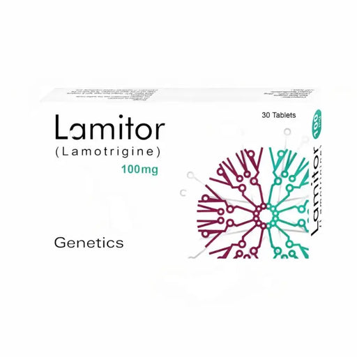 Lamitor (Lamotrigine) packaging with genetic design on a white background