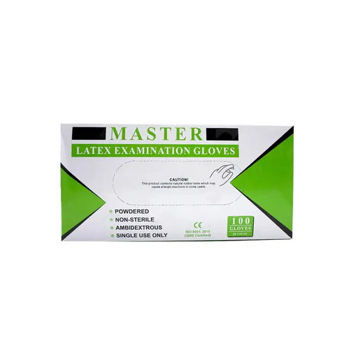 Box of Master Latex Examination Gloves on a white background