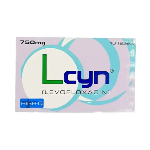 Lcyn Levofloxacin packaging with 750mg dosage on a white background