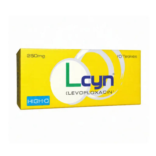 Yellow box of Lcyn Levoploxacин with branding and product details on a white background