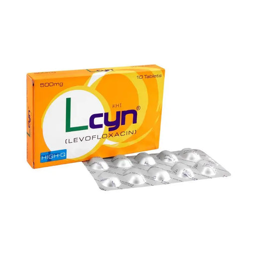 Orange box of Lcyn Levofloxacin tablets with a blister pack on a white background