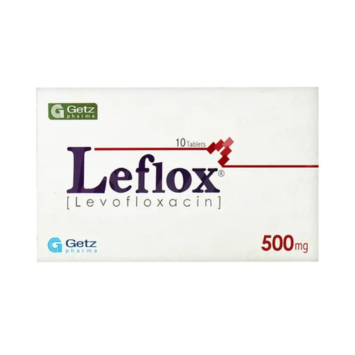 Box of Leflox Levofloxacin tablets by Getz Pharma on a white background