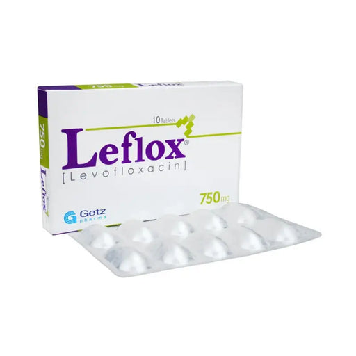 Box of Leflox Levofloxacin tablets with 10 tablets on a white background