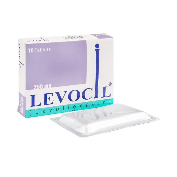 Box of Levocil tablets with a white background
