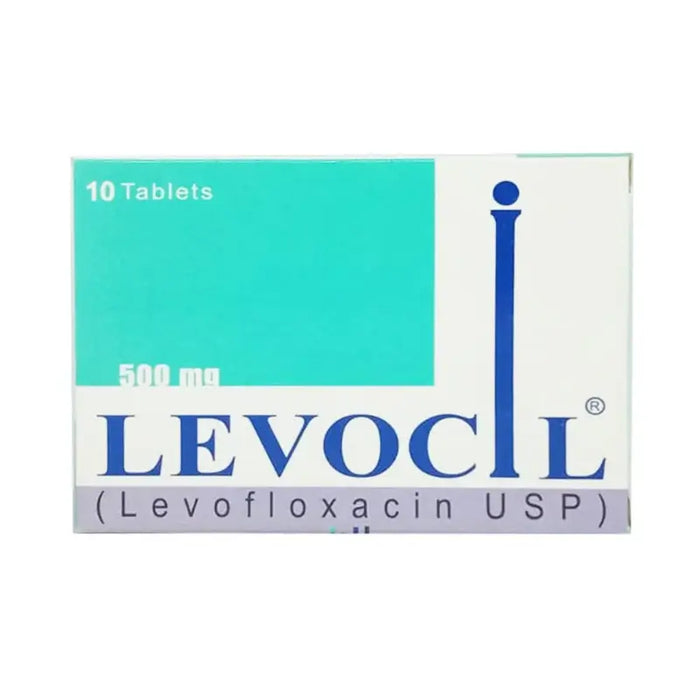 Box of Levocil Levofloxacin USP tablets on a white background