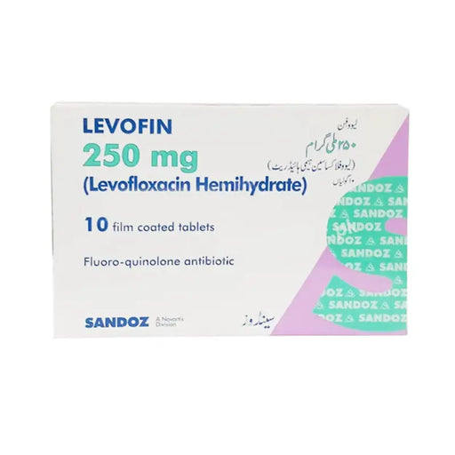 Levofin 250 mg Levofloxacin Hemihydrate packaging with Sandoz branding on a white background