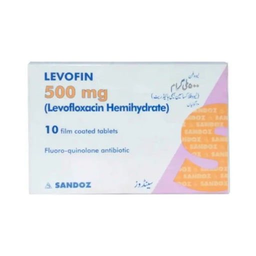 Levofin 500 mg Levofloxacin Hemihydrate packaging with Sandoz branding on a white background