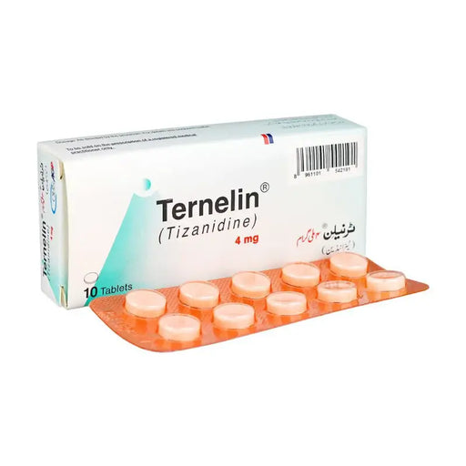 Box of Ternelin (Tizanidine) tablets with blister pack on a white background