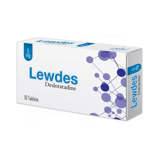 Box of Lewdes Desloratadine tablets on a white background