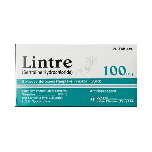 Box of Lintre 100mg tablets with branding and product details on a white background