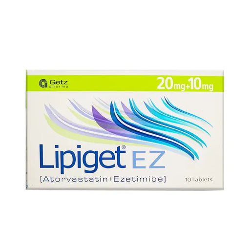 Box of Lipiget EZ medication with Getz Pharma branding on a white background