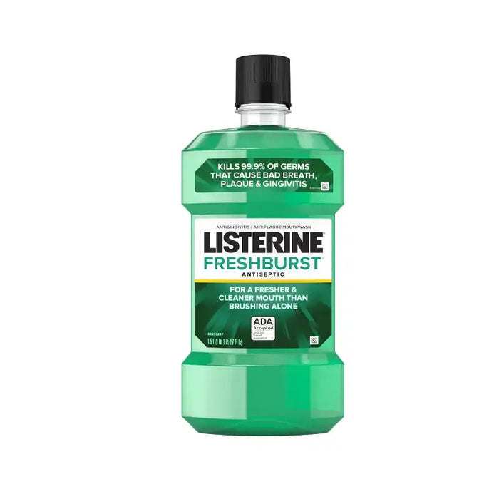 Bottle of Listerine Freshburst mouthwash on a white background