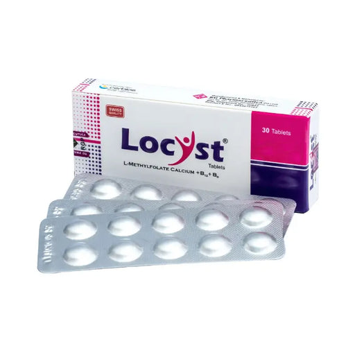 Locyst tablet packaging with tablets on a white background