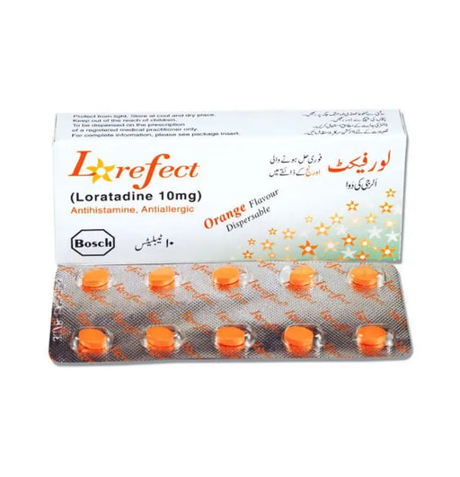 Packaging of Loreflect (Loratadine 10mg) orange-flavored tablets with blister pack on a white background
