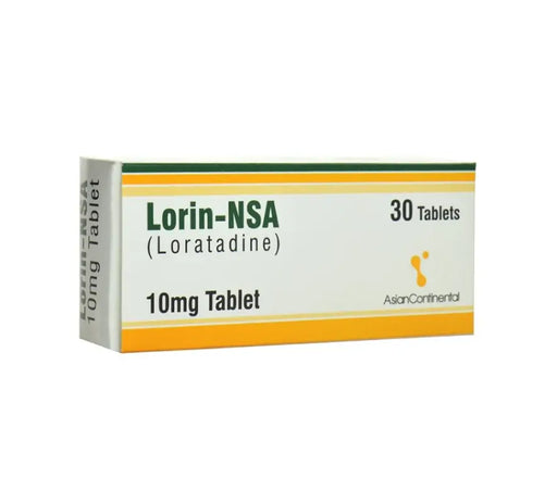 Box of Lorin-NSA Loratadine tablets on a white background