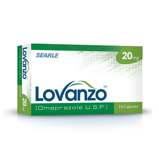 Lovanzo Omeprazole U.S.P. packaging on a white background
