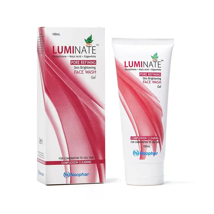 Luminate Pore Refining Skin Brightening Face Wash packaging and tube on a white background