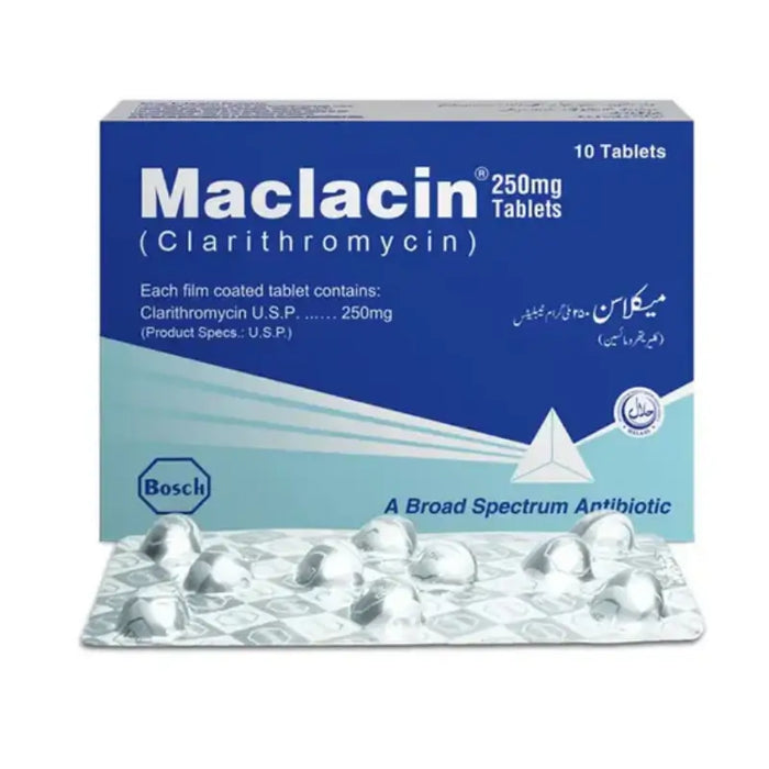 Maclacin Clarithromycin packaging with tablets on a white background