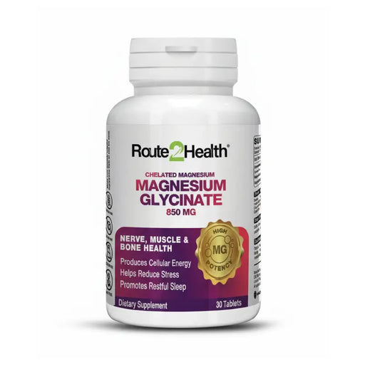 Bottle of Route 2 Health Magnesium Glycinate supplement on a white background
