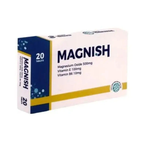 Box of Magnish tablets with nutritional information on a white background