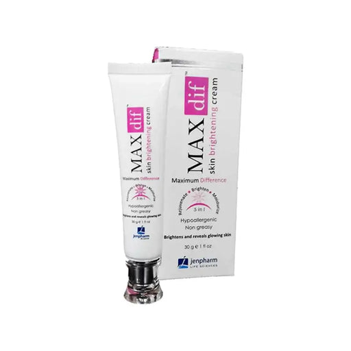 Two tubes of MAX dif skin brightening cream on a white background