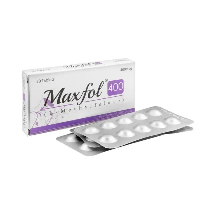 Maxfol 400 L-Methylfolate supplement packaging with tablets on a white background