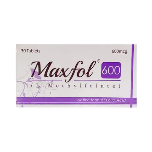 Maxfol 600mcg L-Methylfolate supplement packaging on a white background
