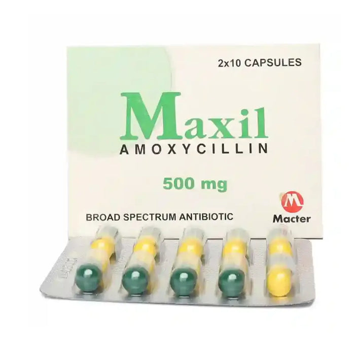 Maxil Amoxicillin 500 mg packaging with green and yellow capsules on a white background