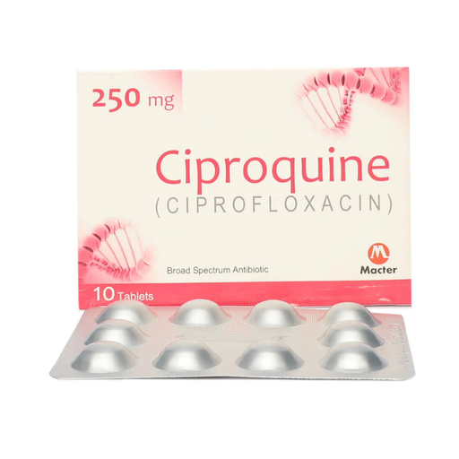 Ciprofloxacin packaging with tablets on a white background
