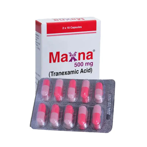 Maxna 500 mg Tranexamic Acid capsules packaging on a white background