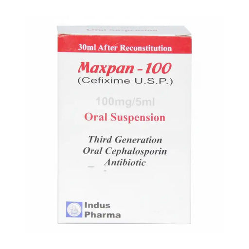 Maxpan-100 oral suspension packaging by Indus Pharma on a white background