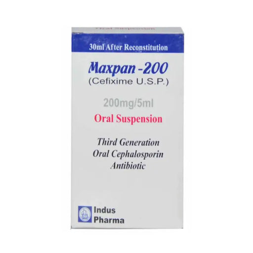 Maxpan-200 oral suspension packaging by Indus Pharma on a white background