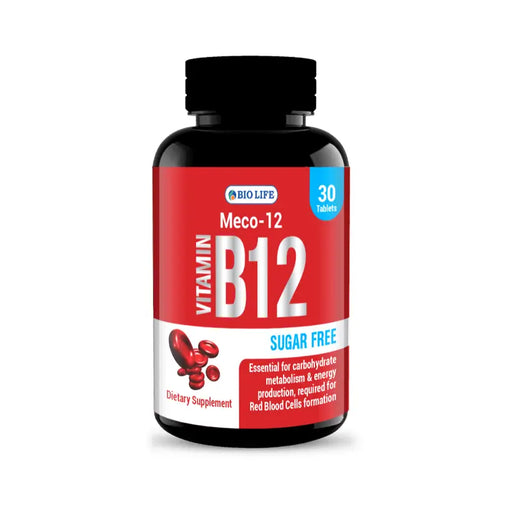 Vitamin B12 supplement bottle with red label on a white background