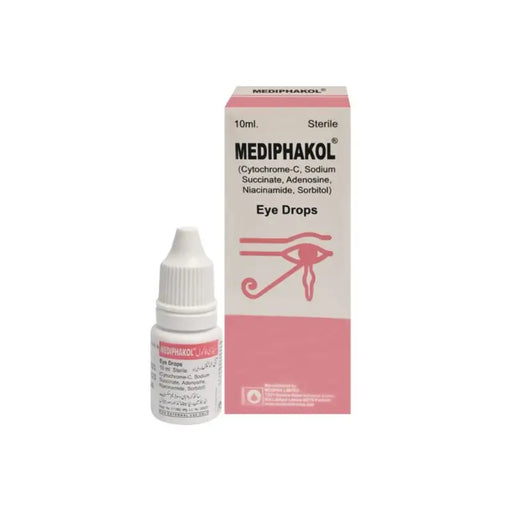 Mediphakol eye drops bottle and packaging on a white background