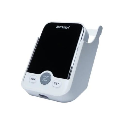 White blood pressure monitor with black display on a white background