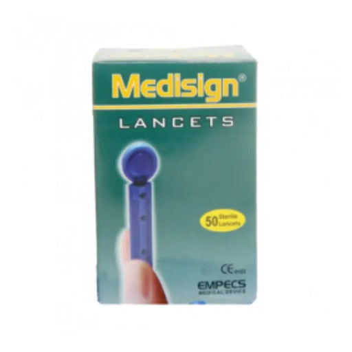 Box of Medisign lancets with a blue lancet device on a white background