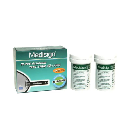 Medisign blood glucose test strip packaging with two bottles on a white background