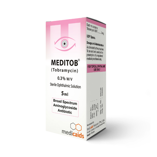 Meditob (Tobramycin) eye drop container with pink and white packaging on a white background