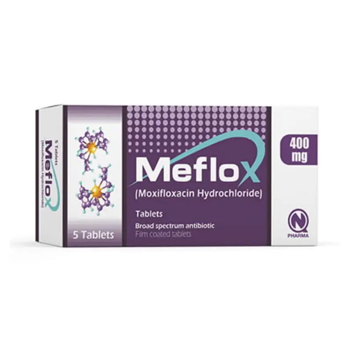 Meflox antibiotic packaging with purple and white design