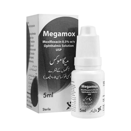 Megamox ophthalmic solution bottle and packaging on a white background