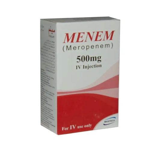 Box of Menem (Meropenem) 500mg IV Injection on a white background