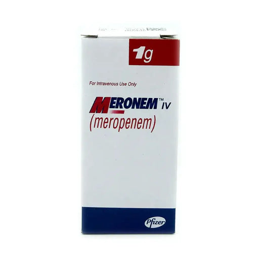 Box of Meronem IV (meropenem) by Pfizer on a white background