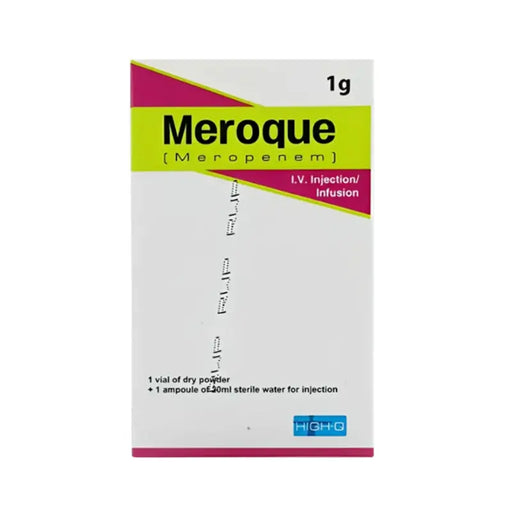 Meroque Meropenem packaging with white background