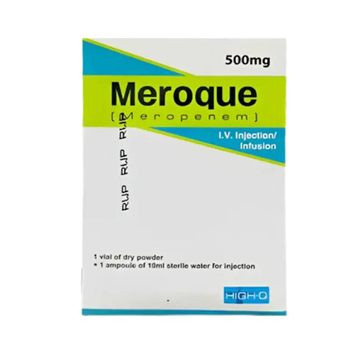Meroque Meropenem packaging with green and blue design on a white background