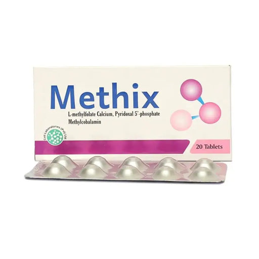 Methix tablet packaging with tablets on a white background